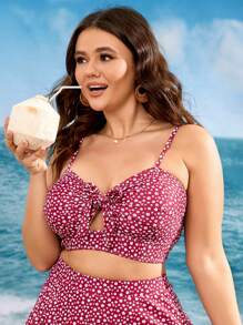 SHEIN Swim Curve Summer Beach Plus Ditsy Floral Print Knot Front Cami Bikini Top - Multicolor - View 6