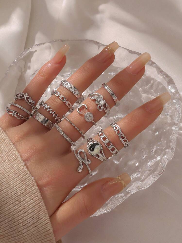 16pcs/set Flower & Snake Design Ring - Silver - View 1