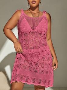 SHEIN Swim Curve Plus Tie Shoulder Scallop Trim Cover Up Dress Without Bikini - Hot Pink - View 2