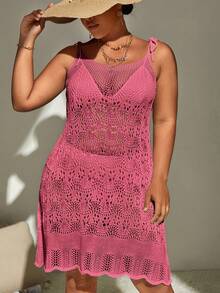 SHEIN Swim Curve Plus Tie Shoulder Scallop Trim Cover Up Dress Without Bikini - Hot Pink - View 3