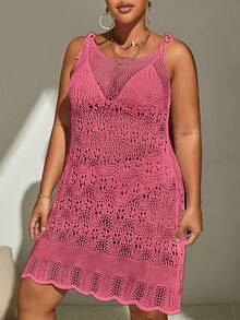 SHEIN Swim Curve Plus Tie Shoulder Scallop Trim Cover Up Dress Without Bikini - Hot Pink - View 4