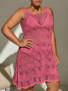 SHEIN Swim Curve Plus Tie Shoulder Scallop Trim Cover Up Dress Without Bikini - Hot Pink - View 5
