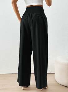 SHEIN Essnce Quần nữ Dải chun màu trơn Giải trí - màu đen - Xem 2