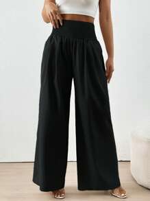 SHEIN Essnce Quần nữ Dải chun màu trơn Giải trí - màu đen - Xem 4