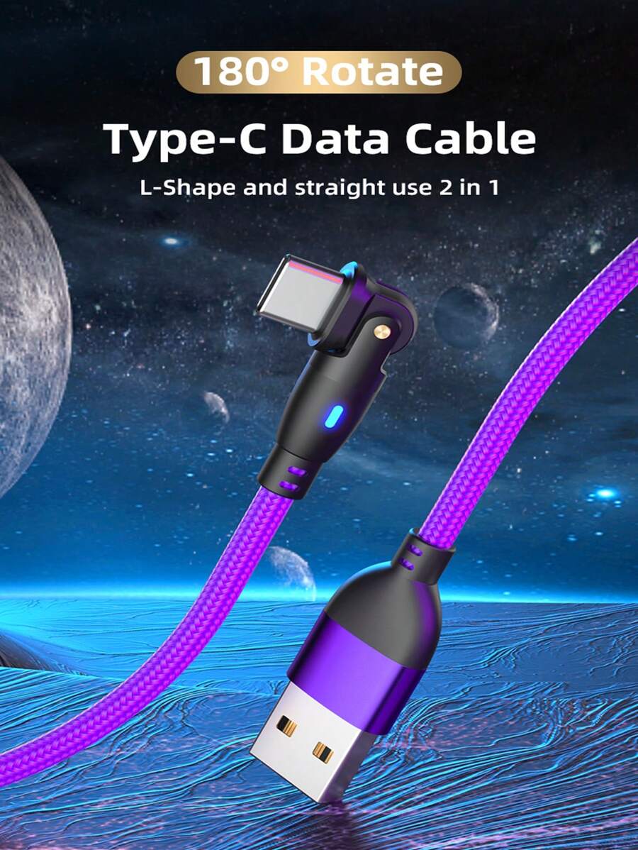 180度3A Type-C USB電纜，2米/1米，快速充電和數據傳輸電纜，適用於三星，Realme，小米，華為，Vivo和OPPO - 紫色 - 查看 1