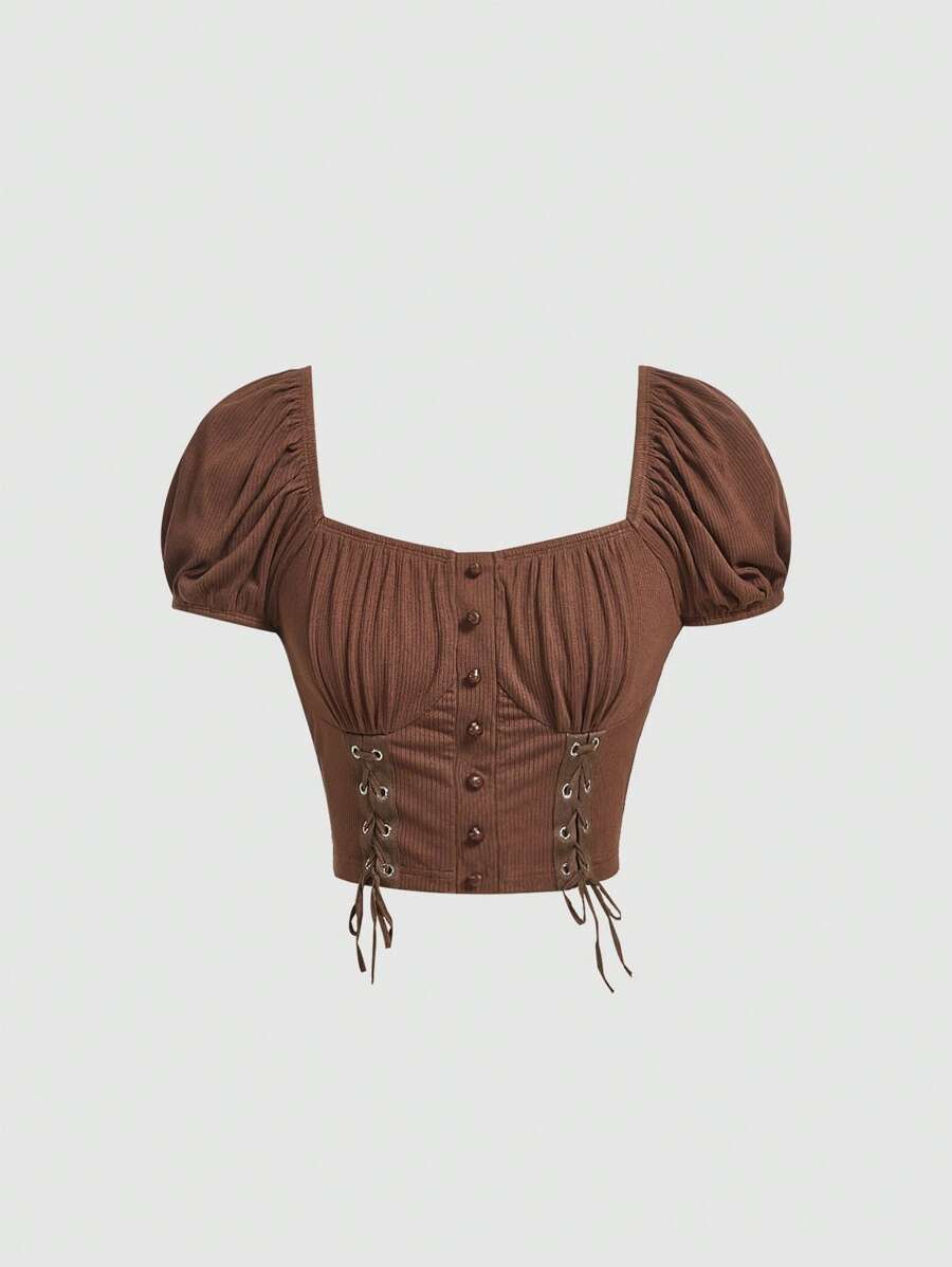SHEIN MOD 前繫帶泡泡袖短款襯衫 - 巧克力棕 - 查看 1