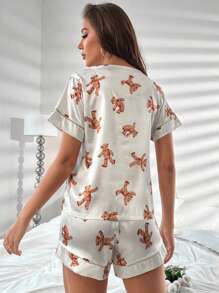 Cartoon Graphic Contrast Piping Satin PJ Set / Pajama Set - White - View 2