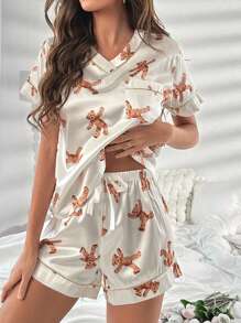 Cartoon Graphic Contrast Piping Satin PJ Set / Pajama Set - White - View 1