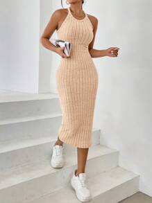 SHEIN Essnce Đầm Gân đan màu trơn Thanh lịch - Màu be - Xem 1