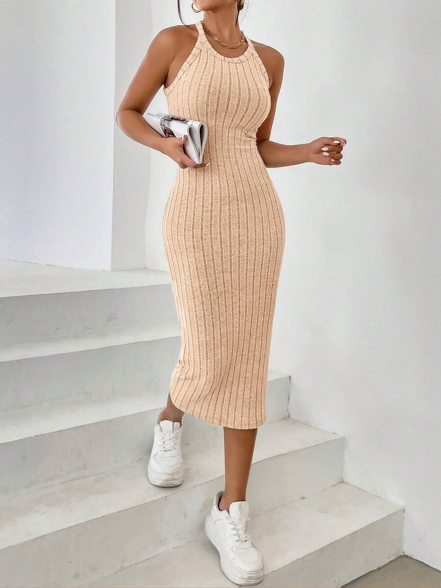 SHEIN Essnce Đầm Gân đan màu trơn Thanh lịch - Màu be - Xem 1