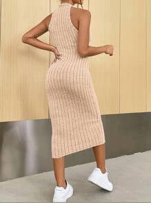 SHEIN Essnce Đầm Gân đan màu trơn Thanh lịch - Màu be - Xem 2