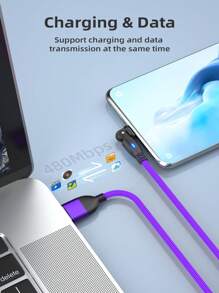 180度3A Type-C USB電纜，2米/1米，快速充電和數據傳輸電纜，適用於三星，Realme，小米，華為，Vivo和OPPO - 紫色 - 查看 4
