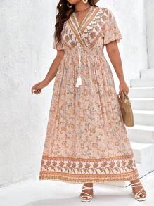 SHEIN Frenchy Đầm Plus Size mép Thắt nút Trọn gói Hoa Tất cả trên in Boho - Nhiều màu - Xem 2