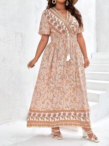 SHEIN Frenchy Đầm Plus Size mép Thắt nút Trọn gói Hoa Tất cả trên in Boho - Nhiều màu - Xem 4