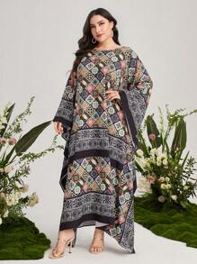 Mulvari 大碼滿版印花蝙蝠袖連衣裙 - 彩色 - 查看 3