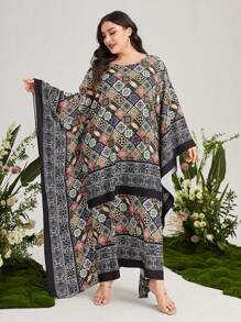 Mulvari 大碼滿版印花蝙蝠袖連衣裙 - 彩色 - 查看 4