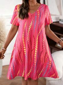 SHEIN LUNE Đầm Plus Size Đồ họa Giải trí - Màu Hồng Tươi - Xem 3