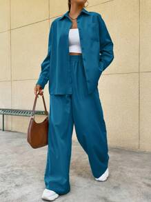 SHEIN Unity 女式休闲纯色纽扣衬衫和裤子两件套