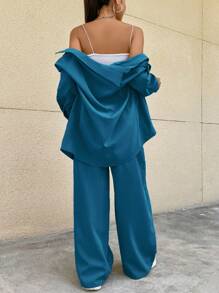 SHEIN Unity 女式休闲纯色纽扣衬衫和裤子两件套