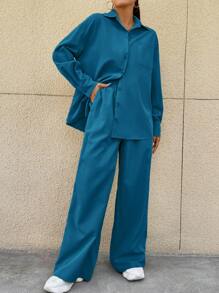 SHEIN Unity 女式休闲纯色纽扣衬衫和裤子两件套