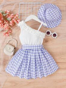 SHEIN 小女童千鳥格印花不對稱領荷葉邊繫腰帶洋裝 - 彩色 - 查看 2