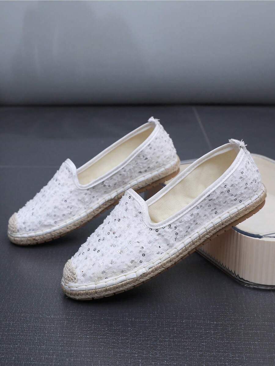 女士亮片裝飾編織度假戶外平底鞋 - 白色 - 查看 1