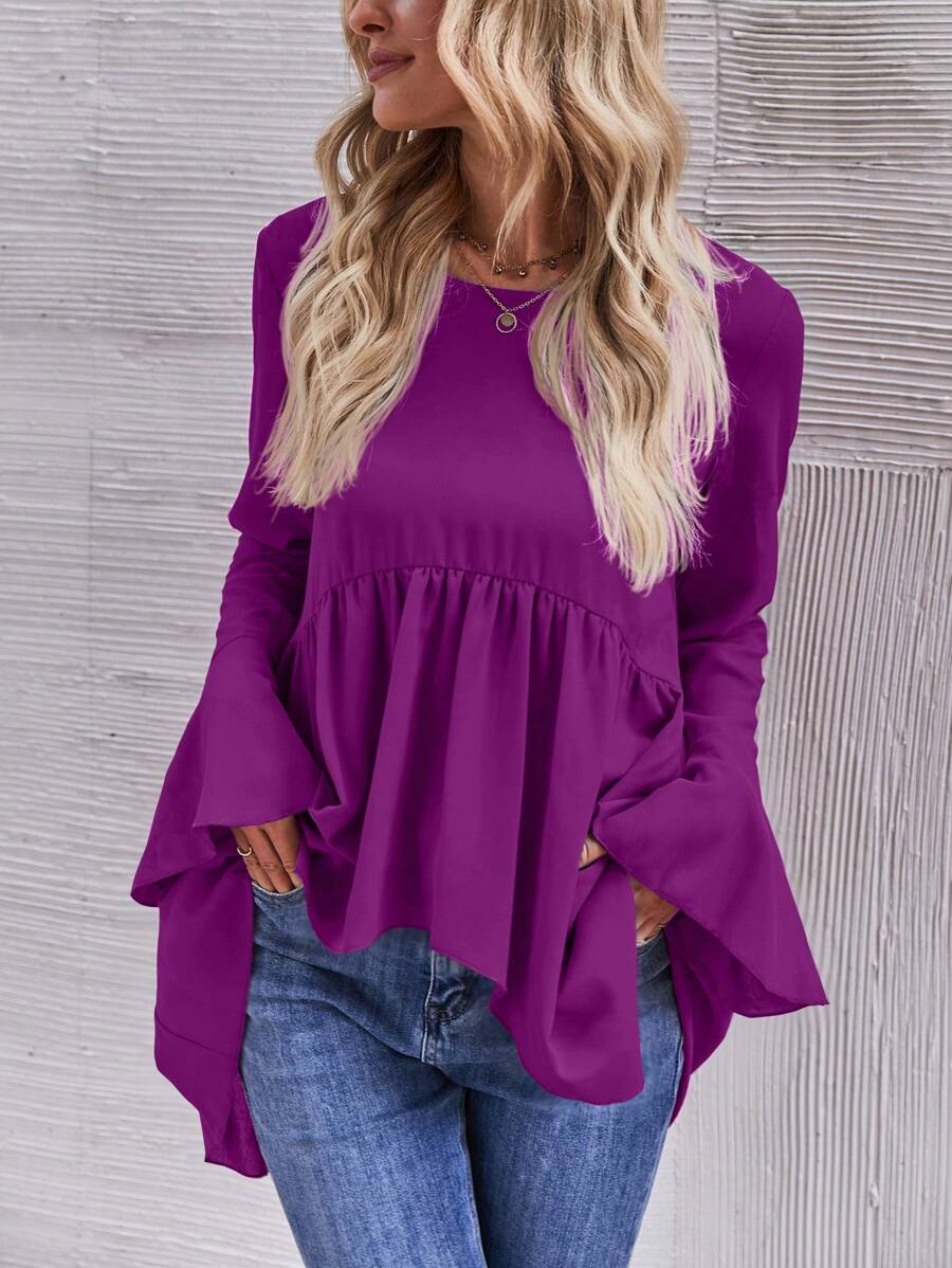 SHEIN LUNE Flounce Sleeve High Low Peplum Blouse - Violet Purple - View 1