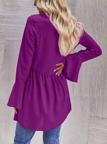 SHEIN LUNE Flounce Sleeve High Low Peplum Blouse - Violet Purple - View 2