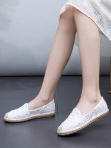 女士亮片裝飾編織度假戶外平底鞋 - 白色 - 查看 3