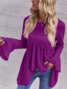 SHEIN LUNE Flounce Sleeve High Low Peplum Blouse - Violet Purple - View 4