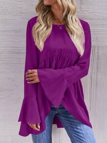 SHEIN LUNE Flounce Sleeve High Low Peplum Blouse - Violet Purple - View 5