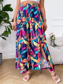 SHEIN VCAY Plus Floral Print Split Thigh Wide Leg Trousers - Multicolor - View 4