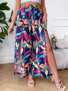SHEIN VCAY Plus Floral Print Split Thigh Wide Leg Trousers - Multicolor - View 5