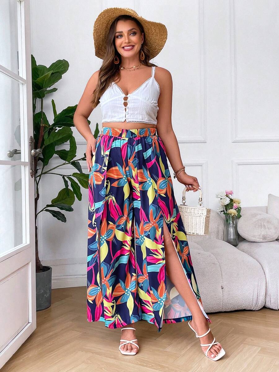 SHEIN VCAY Plus Floral Print Split Thigh Wide Leg Trousers - Multicolor - View 1