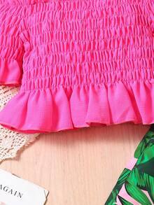 SHEIN Girls Cold Shoulder Ruffle Hem Shirred Top & Tropical Print Belted Trousers - Multicolor - View 4