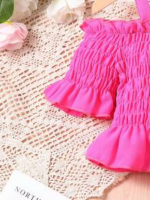 SHEIN Girls Cold Shoulder Ruffle Hem Shirred Top & Tropical Print Belted Trousers - Multicolor - View 5