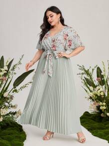 Mulvari Đầm Plus Size Thắt lưng Trọn gói Xếp li Hoa Thanh lịch - Màu xanh Bạc hà - Xem 3