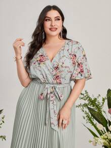 Mulvari Đầm Plus Size Thắt lưng Trọn gói Xếp li Hoa Thanh lịch - Màu xanh Bạc hà - Xem 4