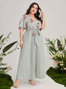 Mulvari Đầm Plus Size Thắt lưng Trọn gói Xếp li Hoa Thanh lịch - Màu xanh Bạc hà - Xem 5