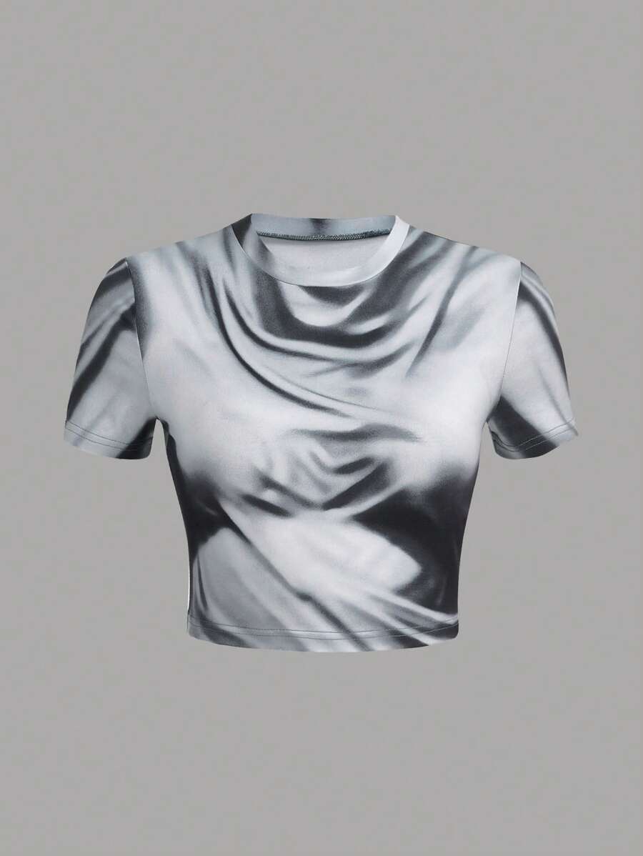 SHEIN ICON Camiseta crop con estampado de cuerpo 3D - Gris - Ver 1