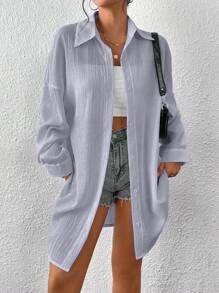 SHEIN EZwear Solid Drop Shoulder Button Front Shirt - Lilac Purple - View 4