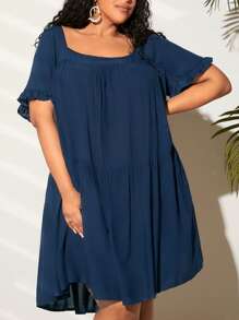 SHEIN CURVE+ Plus Solid Ruffle Hem Smock Dress - Navy Blue - View 1