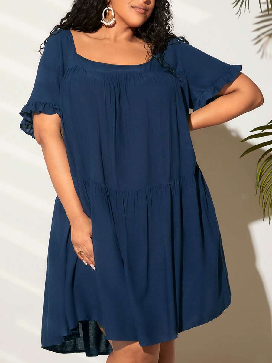 SHEIN CURVE+ Plus Solid Ruffle Hem Smock Dress - Navy Blue - View 1