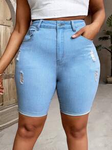 SHEIN SXY Plus High Waist Ripped Denim Shorts - Light Wash - View 1