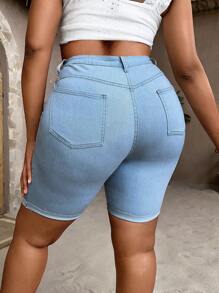 SHEIN SXY Plus High Waist Ripped Denim Shorts - Light Wash - View 2