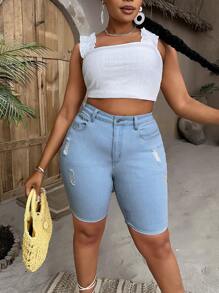 SHEIN SXY Plus High Waist Ripped Denim Shorts - Light Wash - View 3