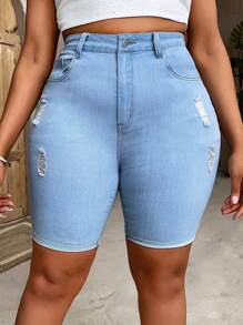 SHEIN SXY Plus High Waist Ripped Denim Shorts - Light Wash - View 5