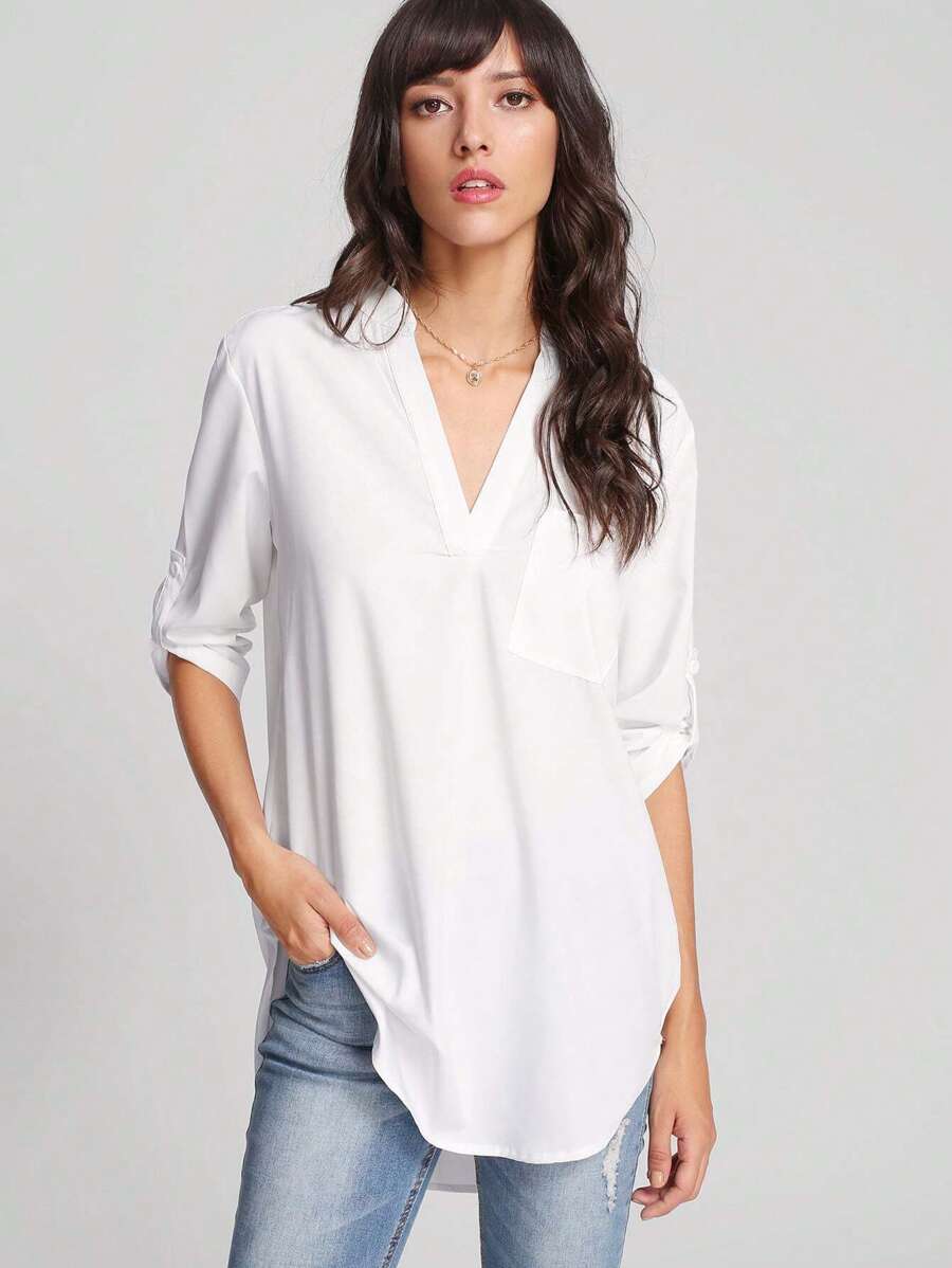EMERY ROSE Roll Up Sleeve Curved Hem Blouse - White - View 1