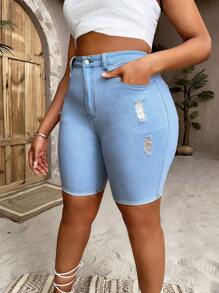SHEIN SXY Plus High Waist Ripped Denim Shorts - Light Wash - View 6