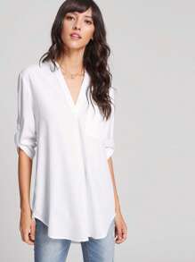 EMERY ROSE Roll Up Sleeve Curved Hem Blouse - White - View 3